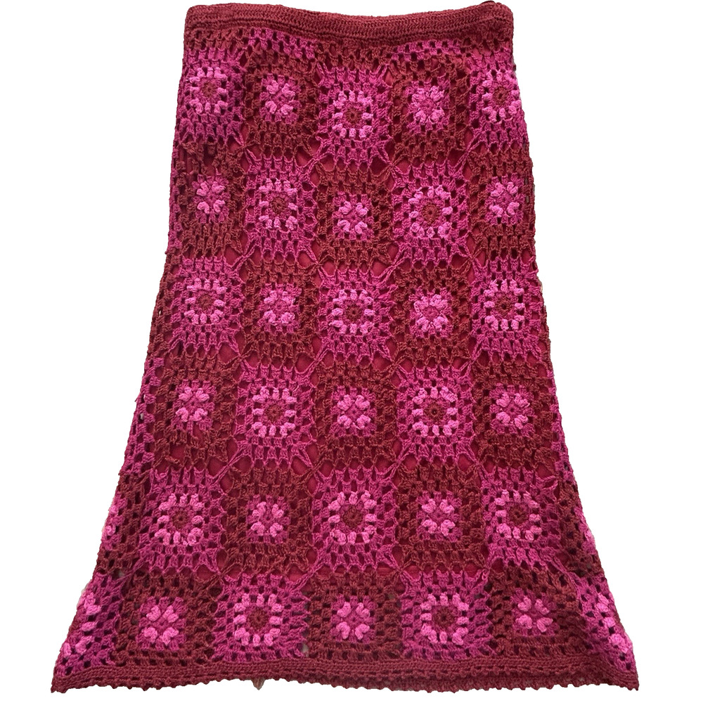 Vtg Granny Square Crochet Skirt Boho Red Pink Size S Waist 26/27 *Needs Repair